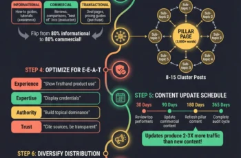 Infográfico de SEO mostrando estratégia de marketing de conteúdo com etapas, intenção do comprador e técnicas de otimização