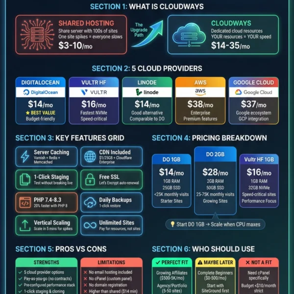Cloudways hosting review graphic showing managed cloud hosting for faster WordPress sites