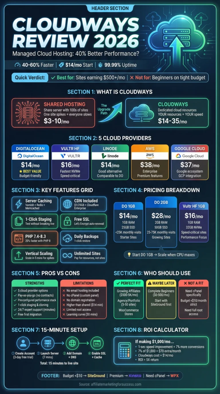 Cloudways hosting review graphic showing managed cloud hosting for faster WordPress sites
