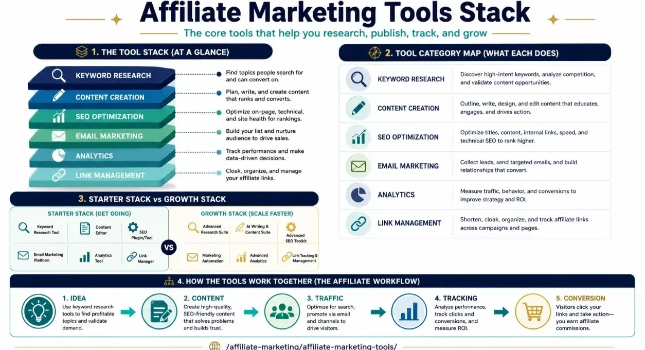 Best Affiliate Marketing Tools: The Practical Stack featured infographic image