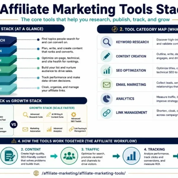 Best Affiliate Marketing Tools: The Practical Stack featured infographic image